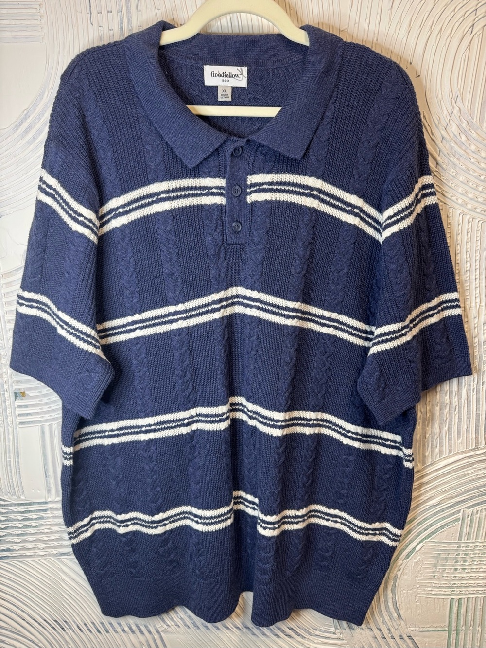 Goodfellow & Co Navy and White Striped Cable-Knit short sleeve button down